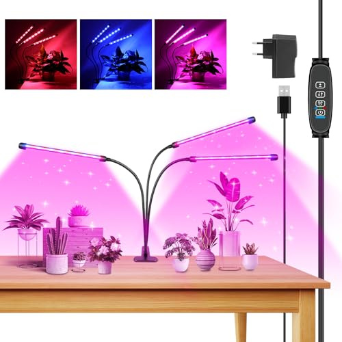 YOJZMA Luz de Cultivo para Plantas, Lámpara LED de Pinza con Espectro Completo Rojo y Azul, Temporizador 3/9/12 Horas, 3 Modos de Encendido, 10 Niveles de Intensidad, Cuello Ajustable-3 Cabezales