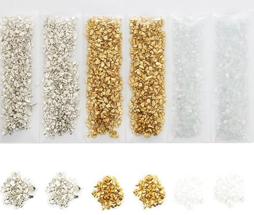 Zerkleinertes Glas, 1–4 mm, unregelmäßige Metallsplitter, zerbrochene Glassplitter zum Basteln, Glaskies für mikroskopische Landschaftsgestaltung, Dekoration, Silber und Gold, 30 g