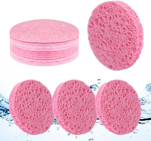 vaolmlop 25pcs Éponge Nettoyante Compressée,Éponges Nettoyantes Quotidiennes En 100% Pulpe De Bois Naturelle Éponge Nettoyante En Coton Masque Exfoliant Démaquillant(Couleur rose)