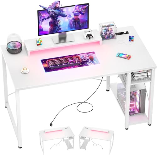 iSunirm Scrivania Gaming con Supporto per Monitor e Ripiano di Stoccaggio,Scrivania Computer con 2 Prese e 2 Porte USB,Scrivanie Moderne per Ufficio e Studio,100x50x75cm,Bianca