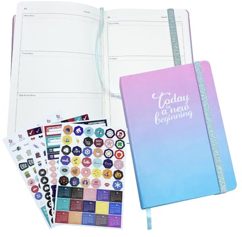 MUWINC Agenda De Planification Hebdomadaire A5, Planificateur, Couverture Dégradé, Pages Non Datées Et 278 étiquettes (Gradient Rouge Et Bleu)