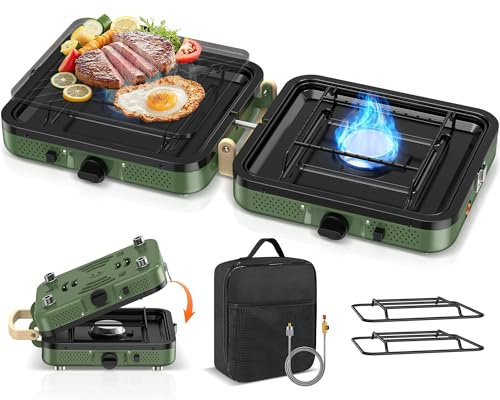 KLYZOXO Camping Gas Stove 2 Burner, Foldable Portable Camp Stove with Adjustable Burners, Piezo Ignition, Compatible with Isobutane Fuel Mix/Screw-On Canister, Outdoor Cooking (Griddle Not Included)