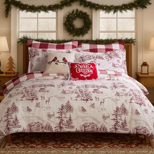 Levtex Home - Winter Sleigh Ride Duvet Set - Full/Queen Duvet Cover (90x94in.) + Two Shams (20x26in.) - Toile - Red Cream - Reversible - Cotton