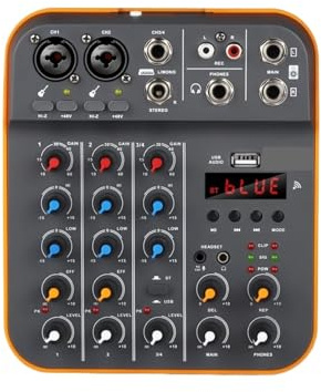 Contrôleur DJ, Tuner 4 canaux, console DJ avec Bluetooth 5.0, alimentation fantôme 48 V, carte son USB for enregistrement sur ordinateur et karaoké