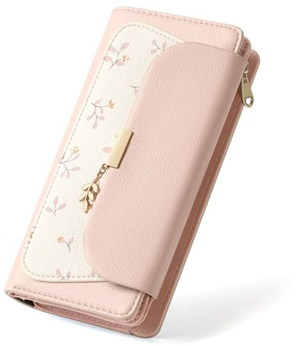 RRANCharltu Geldbörse Damen groß, Portemonnaie Damen PU-Leder, RFID Schutz Geldbeutel groß Viele Fächer Portmonee mit Reißverschluss Münzfach Ausweisfach und Kartenfächer Blattanhänger,Rosa