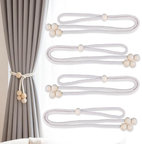 4 Pezzi Regolabile Fermatenda Con Perle di Legno Fermatende e Raccogli Tenda Design Elegante e Rustico Facile da Installare Adatto per Casa e Ufficio