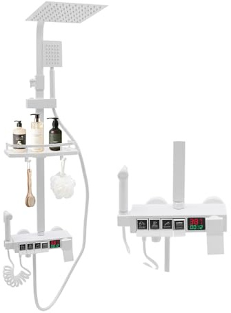 Duschsystem mit Thermostat, inkl. LED-Display,Duscharmatur Komplettset mit 20x 20cm Regendusche,Handbrause, Zusatzdüse und Armatur,4 Strahlarten Duschset, 75-110 cm Verstellbarem Stab (Weiß)