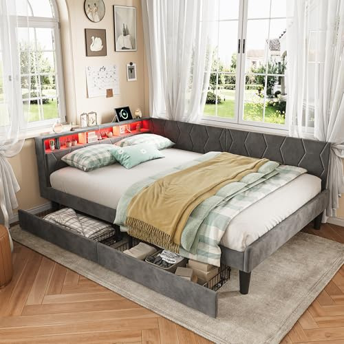 BLSYHDH Letto matrimoniale imbottito 140 x 200, divano letto con 2 cassetti, letto singolo con LED, letto per ragazzi con USB e tipo C, letto funzionale, letto con vano portaoggetti (grigio+flanella-1