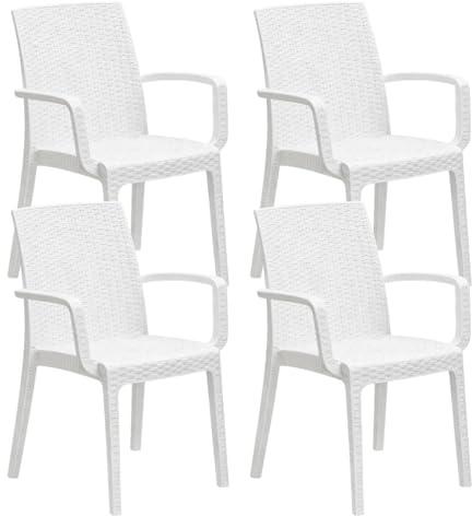 PALUPLUS Set 4 Sedie da Giardino con Braccioli in Polipropilene effetto Rattan colore BIANCO, misura 59x57x86 cm, Sedia Impilabile per Esterno ed Interno -VEROARM930F-18,8