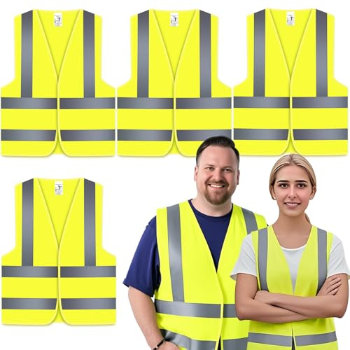4-Strip High Visibility Safety Vest 360° Reflective, 4 Packs, Breathable Hi Vis Vest for Construction, Running, Cycling, Traffic Work - Adjustable Neon Yellow Waistcoat (One Size Fits Most)
