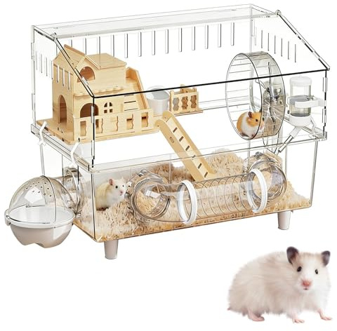 Casetta in acrilico per roditori, grande, gabbia trasparente, villa a due piani con , bottiglia d'acqua, bagno per criceti, criceti, vil, topi, osservazione, habitat, forniture per animali
