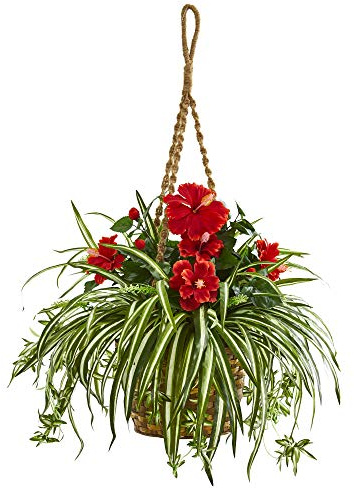 Nearly Natural Hibiscus & Spider Artificial Plant in Hanging Basket