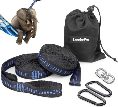 LeaderPro 2 Sangles pour Hamac, 3m*2,5cm, Portée Maximale de 400kg, Suspension d'accessoires pour Hamac de Camping avec 2 Mousquetons, 1 Crochet Pivotant Suspendu, avec Sac de Transport, Bleue