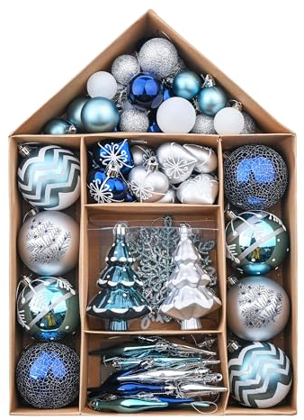 Valery Madelyn Weihnachtskugeln Plastik Christbaumkugeln 70er Set Weihnachtsbaumschmuck mit Aufhänger Weihnachtsdeko Winterwünsches Thema Silber Blau MEHRWEG Verpackung 3-16cm