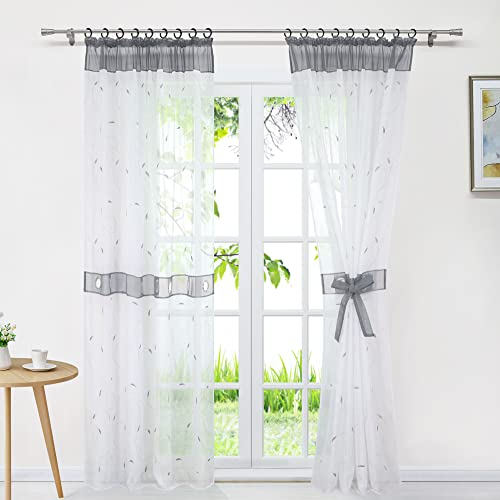 Delien Voile Gardinenschals Transparente Gardinen mit Kräuselband Modern für Wohnzimmer Dekoschal Stores Flächenvorhänge Landhaus Fenster Schals Vorhang mit Stickerei 1 St.,BxH 140x245cm,Grau