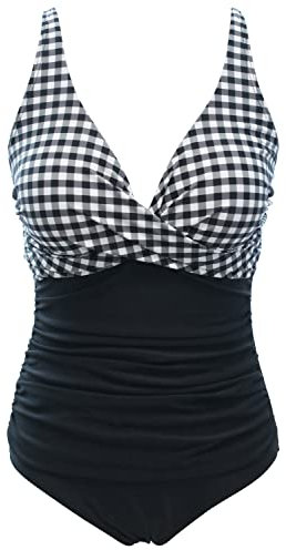 Laorchid einteiliger Badeanzug bademode v Ausschnitt Damen Badeanzug bauchweg Push up Bademode Swimsuit high Waist Schwimmanzug Schwarz mit Weiß Gitter XXXL