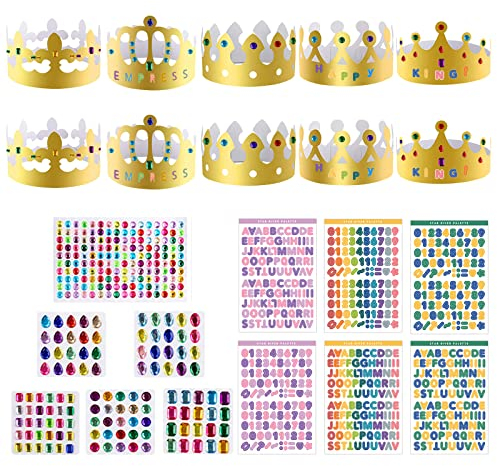 TSHAOUN 22 Pezzi Cappellini Festa Compleanno Bambini Adulto Kit, 10 Pezzi Cappello di Carta Corona ＆ 6 Pezzi Strass Adesivi Autoadesivi ＆ 6 Pezzi Adesivi Alfanumerici, Adatto per Feste