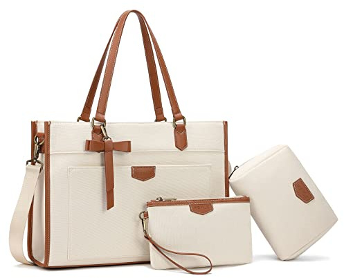 Keyli Laptop Bag for Women Canvas Tote Bags 15.6 inch Large Capacity Shoulder Handbag Lightweight Briefcase Purse 3 PCS Sets, Brown_3pcs