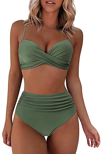 Maillot De Bain Femme Maillot De Bain Deux PièCes Sexy pour Femmes Push Up Rembourré Bandeau Bikini Maillot De Bain Gainant Ventre Plat Culotte Taille Haute Maillot Bain(01Vert,XXL)
