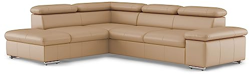 CAVADORE Sofá Cama Valerie de Piel auténtica con otomana/sofá esquinero con función de Cama + cabecero Ajustable / 272 x 73 x 226 / Piel Beige