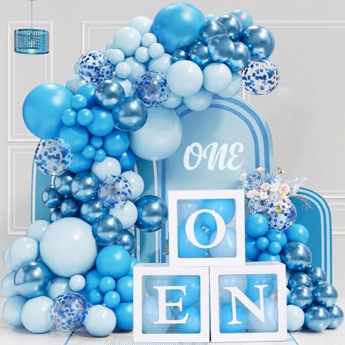 1st Birthday Decorations - Blue Balloons Arch Kit & Balloon Boxes