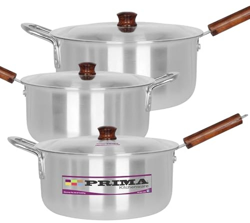 6Pc Large Aluminium Saucepans Set - Cookware Set, Stockpots Come with Lids | Ideal for General Cooking & Catering | Strong Reinforced Wooden Handles, Durable & Long Lasting