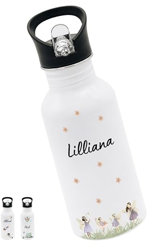 Bärenfreunde® - Personalisierte Trinkflasche Kinder Edelstahl [ 500ml ] - Robuste Trinkflasche mit Namen - Wasserflasche mit Trinkhalm - Personalisierte Geschenke für Kinder (Feen lila)
