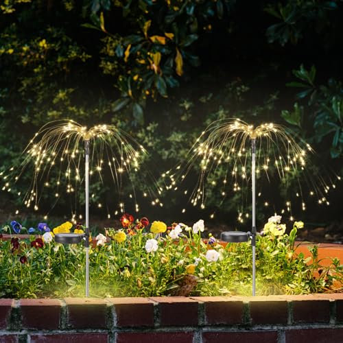 PERMUST Luces Solares LED para Exterior, 150 LED Fuegos Artificiales con 8 Modos para Jardín, Patio y Camino - 2 Piezas Impermeables