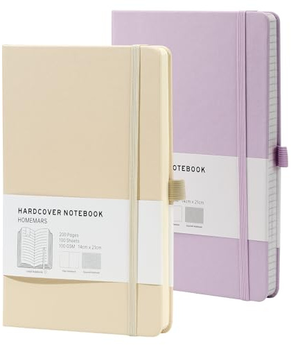 HOMEMARS Cuaderno Punteado A5, Bullet Dotted Journal de Papel con Puntos de 100 g/m², 200 Páginas, Marcapáginas, Libreta A5 de Tapa Dura con Portalápices, Cuaderno a5,Púrpura marfil,Paquete de 2