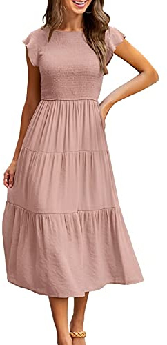 CMTOP Vestito Donna Estivo Abito Lungo Estivo Girocollo Scollo Vestiti con Manica a Volant Casuale Vita Elastica Abiti da Mare Spiaggia Eleganti Tinta Unita Abito di Linea A(Rosa, XL)