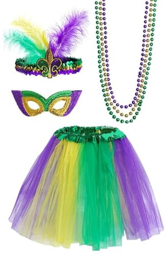 Losuya Mardi Gras Costume Set - Tutu Skirt, Faux Feather Headband, Mask and Beads for Women and Girls Party Decorations