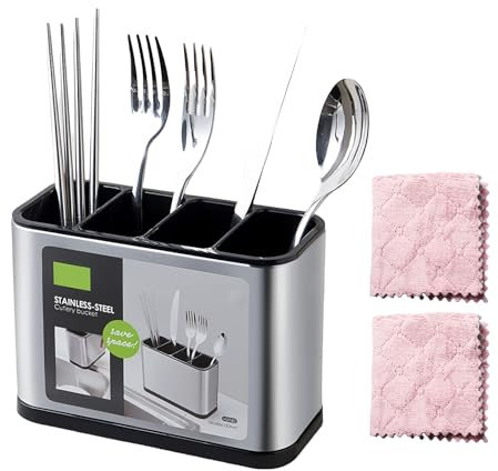 WANDGU Portaposate 4 scomparti per cucina: contenitore per utensili da cucina con 2 panni per la pulizia, cestino per posate in acciaio inox, porta utensili da cucina, organizer per posate per riporre