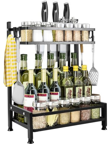 OUZHOU Estante de especias de pie, 2 plantas, estante de cocina, encimera, organizador de condimentos, organizador de especias de acero al carbono, negro, con ganchos, organizador de especias para