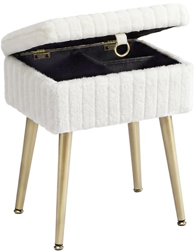 SONGMICS Rectanglular Vanity Stool Chair with Storage, Dressing Table Stool, Footrest Footstool Ottoman, Metal Legs, Adjustable Feet, for Living Room, Bedroom, Makeup Room, Cream White LOM505WZ03