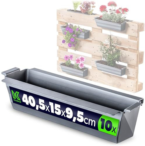 KADAX Lot de 10 jardinières pour palettes avec système de suspension, 37 x 9 cm, argentées, à planter et décorer, comme jardinière de balcon, bac à fleurs pour palette européenne, insert de pot de