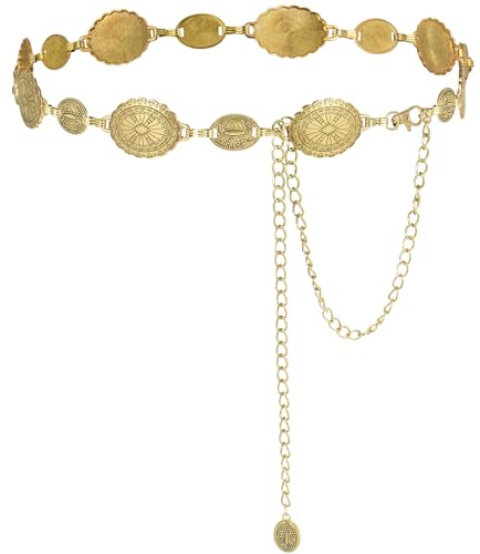 Alaoo Western guld metall Concho kedjebälte, guldkedjebälte för kvinnor, Western Cowgirl midjekedja Justerbart guld metall vintage bälte, Boho gyllene midjebälten för kvinnor klänningar jeans, A