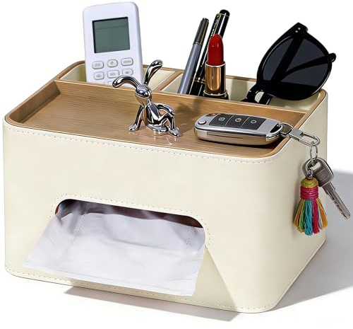 Caja de pañuelos de cosméticos con 2 compartimentos y estante, caja de pañuelos de piel sintética, multifuncional, dispensador de pañuelos con almacenamiento para objetos pequeños, organizador para