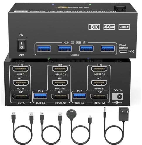 KVM-omkopplare 2 PC 3-bildskärmar, KCEVE 2 HDMI 1 DisplayPort KVM-omkopplare, USB 3.0 8K@30Hz/4k@144Hz trippel monitor KVM för 2 datorer, 3 skärmar och 4 USB 3.0-enheter