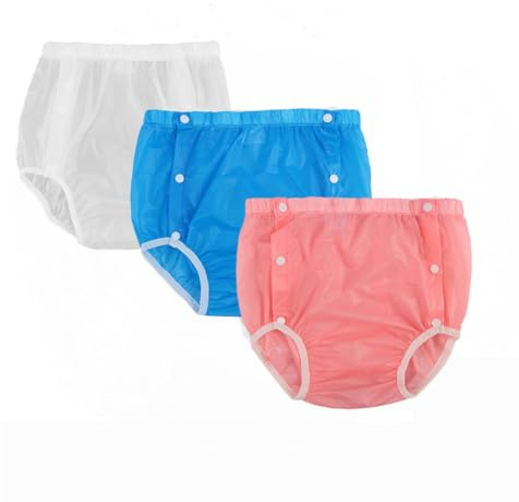 3-pack vuxen blöjöverdrag Plastbyxor Vuxen inkontinensbyxor Vuxen blöjöverdrag Vattentät for kvinnor män läckageskydd underkläder(White+blue+pink,Large)
