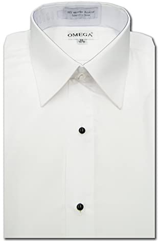 OmegaTux Men's White Microfiber Tuxedo Dress Shirt Laydown Collar, Non Pleat