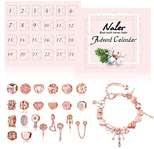 Naler Calendario Avvento 2025 Donna Calendario Avvento Gioielli Fai da Te 22 Perline + 1 Collana + 1 Bracciale per Moglie, Fidanzata, Madre e Amica