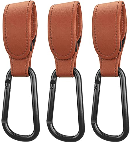 Kinderwagen Haken, 3 Stück Kinderwagenhaken Taschenhaken, Anhänger für Kinderwagen, Karabinerhaken für Handtaschen, Universale Passform/Gilt auch für Rollstuhl/Leder Premium Style/Anti-Rutsch - Braun