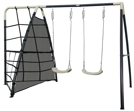 AXI Schaukel Set aus Metall in Anthrazit & Creme | Doppelschaukel & Kletternetz mit Gestell | Gartenschaukel für Kinder/Kinderschaukel | Schaukelgestell für den Garten