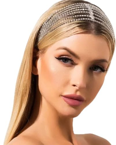 NICENEEDED Catena con Testa di Strass In Argento, Fascia In Cristallo Elastico Multistrato per Donna, Fronte Copricapo Da Sposa Gioielli per Capelli per Donne e Ragazze
