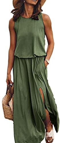 amropi Donna Lunghi Vestiti Elegante Maxi Vestito Casuale Senza Maniche Abito Verde,M