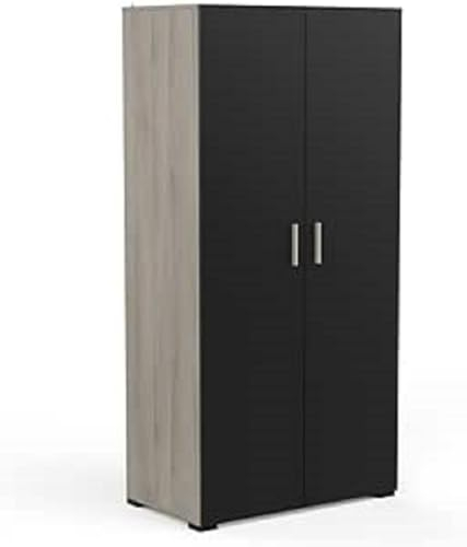 Demeyere Petite Armoire Dressing Industrielle avec Penderie 2 Portes 4 Etagères – Coloris Noir Mat & Chêne Clair - 90,3 x 51,7 x 185,7 cm