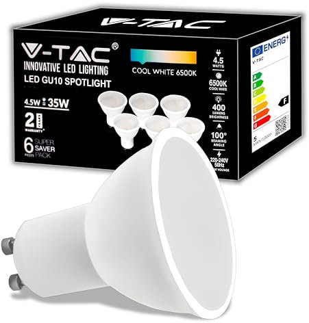 V-TAC 6x Lampadine LED GU10 4.5W (Equivalenti a 35W) - 400 Lumen - Alta Luminosità - Faretto Led GU10 - Massima Efficienza e Risparmio Energetico - Luce Bianca Fredda 6500K - Box 6 Pezzi