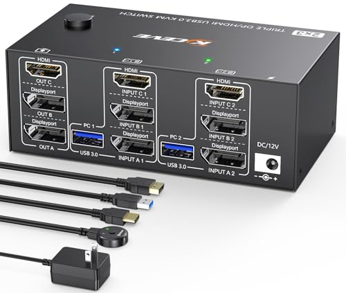 MLEEDA KVM Switch 2 PC 3 Monitor 8K@60Hz 4K@144Hz, HDMI + 2 Displayport 3 Monitor Switch KVM 2 PC Condivisi 3 Monitor e 4 Porte USB 3.0, Dotato Alimentatore 12V, Telecomando Cablato e 5 * Cavo Adatto