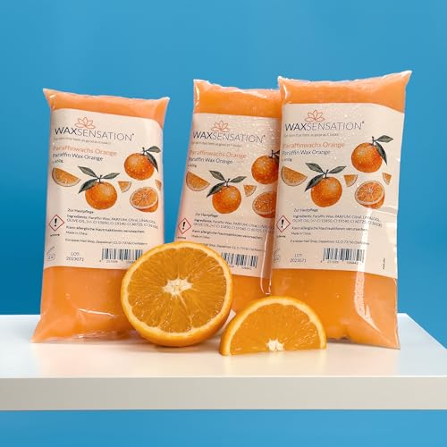 WAXSENSATION® Paraffinwachs Set Orange 3x450g – Hochwertiges Wachs zur Anwendung im Paraffinbad für Hände und Füße – ideal zur Pflege trockener Haut – veganes Paraffin-Wachs für Wachsbäder
