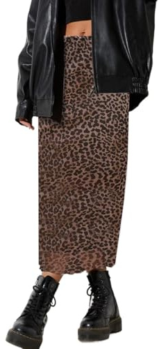 SOFIA'S CHOICE Women's High Waist Leopard Print Midi Skirts A Line Mesh Skirt Brown Cheetah Large